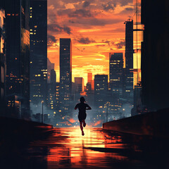 Silhouette of a person running in a city with a vibrant orange sunset and building reflections on wet ground