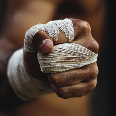 A clenched fist tightly wrapped in white bandage ready for combat or physical exertion closeup shot