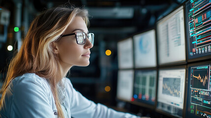 focused female professional analyzes data on multiple screens, showcasing her expertise in cybersecurity and technology. environment is modern and high tech, reflecting dynamic workspace