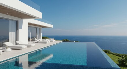 Fototapeta premium A luxurious villa overlooking the ocean with an infinity pool and lounge chairs on a sunny day