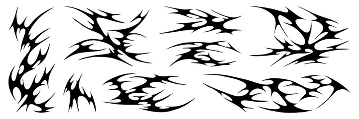 Set of y2k tribal tattoo art element hand drawn stickers. Aesthetic of 90s, 2000s. Vector isolated illustration.