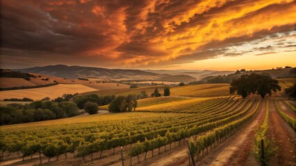 Stunning vineyard landscape at sunset with rolling hills and dramatic clouds