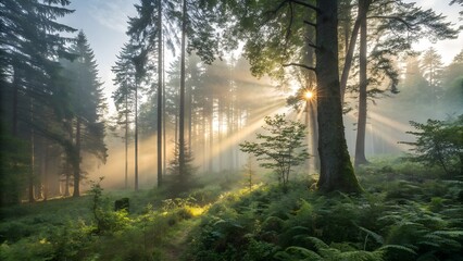 Obraz premium Beautiful magical sunrise in the forest. The sun's rays break through the trees in the fog. The mystical nature of the rainforest