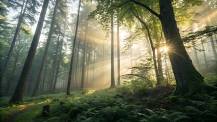 Fototapeta premium Beautiful magical sunrise in the forest. The sun's rays break through the trees in the fog. The mystical nature of the rainforest