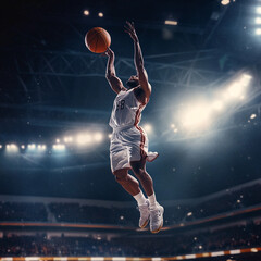 A basketball player in white uniform jumps to shoot the ball in a large arena with bright lights