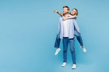 Full body young happy couple two friends family man woman wear shirt casual clothes together giving...