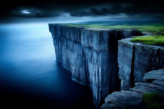A gothic-style rocky cliffside, with dark, ominous clouds rolling in from the sea