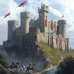 A medieval castle perched atop a hill with knights riding towards it on horseback under a cloudy sky