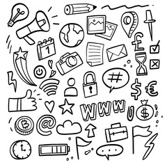 A doodle-style collage featuring icons of communication, technology, organization, travel, and creativity, including a megaphone, globe, checklist, and light bulb.