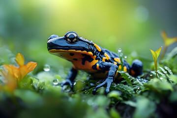 Fototapeta premium Close-up of a fire salamander resting on a mossy forest floor