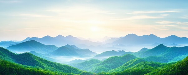 A serene landscape featuring rolling green hills under a soft sunrise, with layers of mountains fading into the horizon and a clear blue sky above, Green Technology.