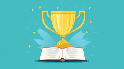 Golden trophy perched on an open book signifying academic achievements