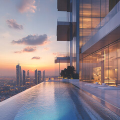 Infinity pool on skyscraper with city view at sunset reflecting on the water surface beautifully