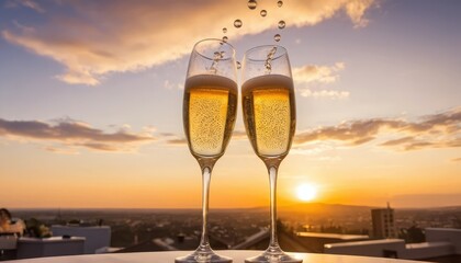 Obraz premium Glasses of beer on the rooftop at sunset