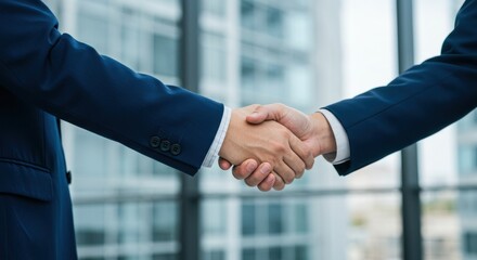 A close up of two businessmen shaking hands in front of a window in a modern office space