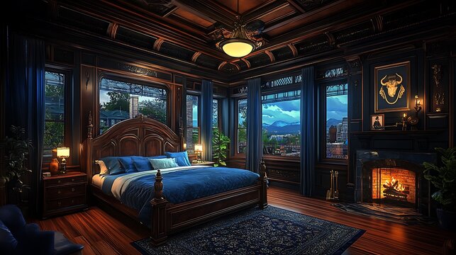 Luxurious master bedroom with dark wood furnishings, fireplace, and city views.