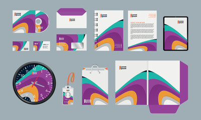 Obraz premium Corporate Brand Identity Mockup set with digital elements. Classic full stationery template design. Editable vector illustration: Business card, Bag, Id card, envelope, cup, letterhead, pen etc.