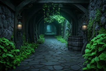 A hidden dungeon beneath an abandoned castle, with decayed wooden beams and secret passages