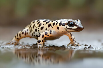 Fototapeta premium Speckled Salamander, A rare amphibian species walking through shallow water