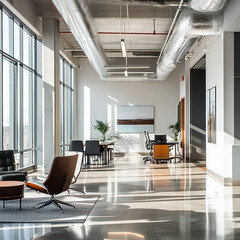 Bright office space with large windows, modern furniture, and exposed ductwork in a spacious area