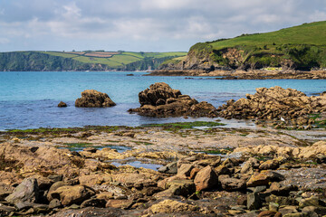 Obraz premium Channel coast with beach and cliffs near Trenarren, Cornwall, England, UK