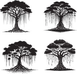 Banyan Tree with Hanging Roots Silhouette | Symbol of Strength and Longevity