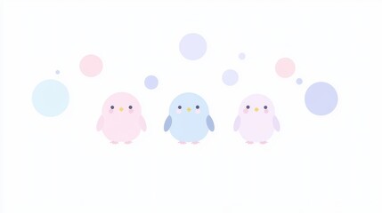 Cute Baby Birds Pastel Bubbles Illustration.