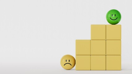 Concept image of satisfaction level. yellow circles with emotions.Facial expressions. Mental health assessment.3D rendering on white background.