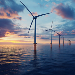 Wind turbines stand in the ocean at sunset with a cloudy sky and calm water reflecting the light