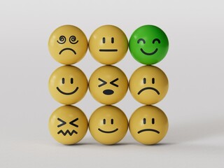 Fototapeta premium Creative idea and smart people, unique, difference, leadership, solutions and motivation concepts. Happy smile face BALL on yellow BALL block stack with other dumb faces on white background.