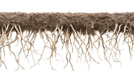 Detailed Close-Up of Intricate Plant Roots Against White Background