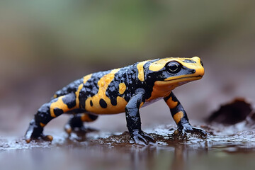 Fototapeta premium Detailed close-up showcasing a black and yellow fire salamander amphibian