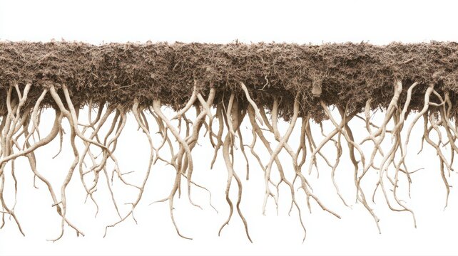 Detailed Close-Up of Intricate Plant Roots Against White Background