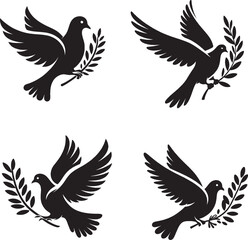 Obraz premium Dove Holding an Olive Branch Silhouette | Symbol of Peace and Hope