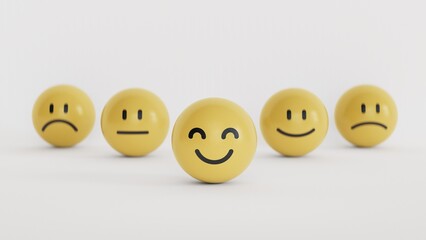 Naklejka premium Customer service evaluation, feedback, and satisfaction survey concept. yellow BALL blocks with a cute smiley emoticon with emotion faces on white background with copy space.