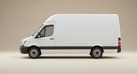 Side view of a white delivery van against a neutral background in a studio setting showcasing design
