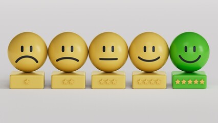 Customer service evaluation and satisfaction survey concepts. The client's hand picked the happy face smile face icon and five star symbol on yellow BALL on table
