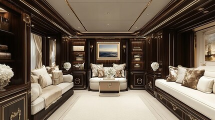 Fototapeta premium Luxury yacht library, interior design, opulent decor, ocean view, relaxation