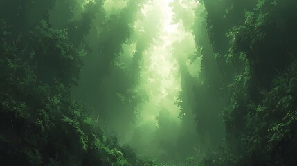 Obraz premium Enchanting Mystical Green Forest Path Lush Foliage Sunlight Beams Foggy Atmosphere Digital Art