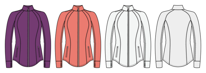 Women's active Jacket, Fashion Flat Sketch Vector Illustration, CAD, Technical Drawing, Flat Drawing, Template, Mockup.