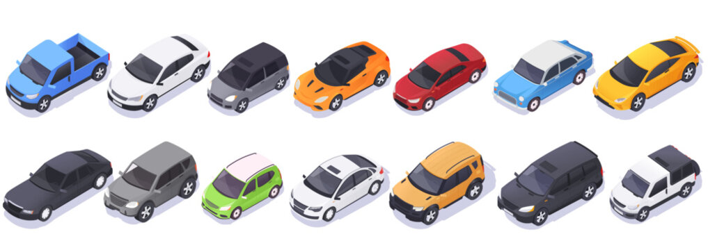 Set of isometric cars in various colors and models on a white background. Concept of transportation, vehicle diversity, and car collection. Vector illustration