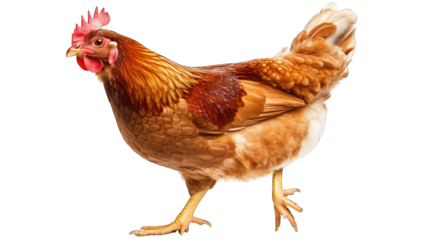 brown chicken walking showcasing its feathers and distinctive fe