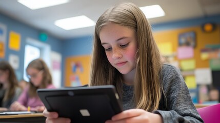 Student engaged in learning with a tablet in a classroom during a tech-based education session