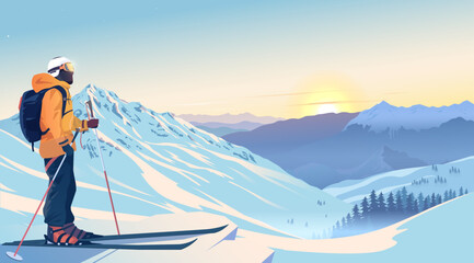 Skier in orange jacket stands on snowy mountain peak, gazing at sunrise over winter landscape. Scenic adventure concept. Vector illustration