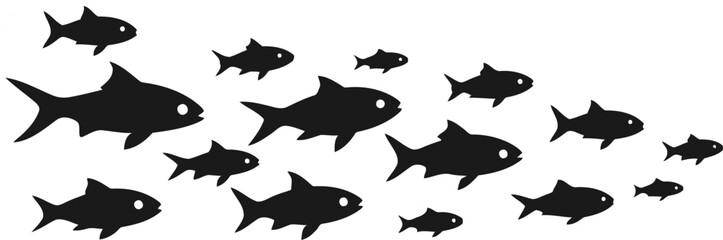 Obraz premium School of isolated black silhouette fish swimming in formation. Minimalist design conveys movement and unity. Marine themes, environmental concept, leadership metaphor. 