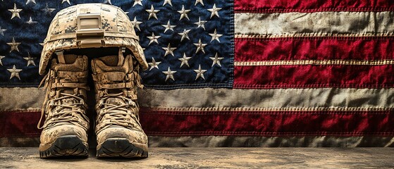 US Military gear with Flag: Helmet for boots on wood for memorial.