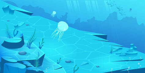 Deep-sea landscape with jellyfish, rocks, and aquatic plants in a blue color scheme. Light rays penetrate the water, creating a serene oceanic ambiance. Vector illustration