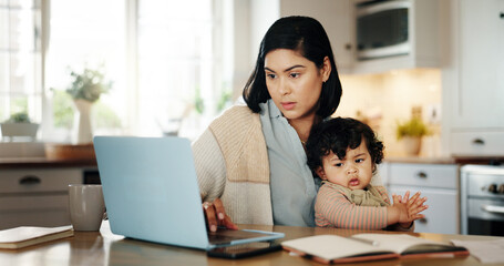 Woman, research and laptop with baby at house of multitasking, email feedback and productivity. Busy, person and financial planning with child of online information, schedule update and bills payment