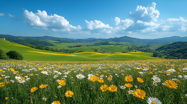 A beautiful rural landscape unfolds with a field of yellow dandelion flowers in a green meadow under the blue spring sky - Powered by Adobe