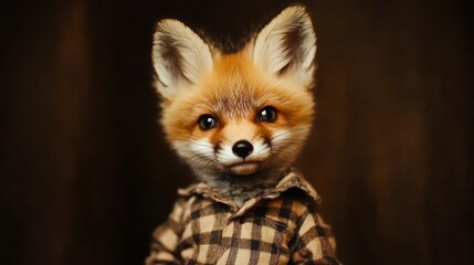 Obraz premium Adorable fox cub wearing a plaid shirt